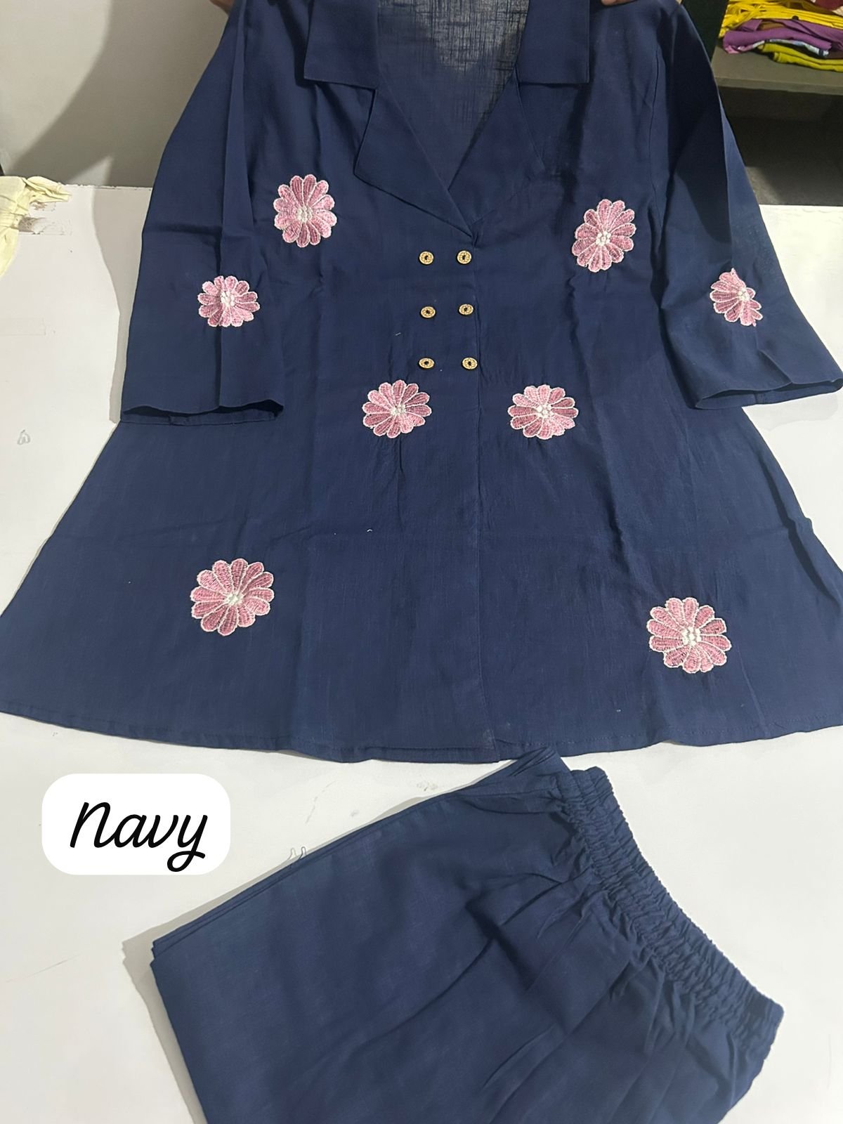 Blue Cotton Slub Angrakha Embroidered Co-Ord Set